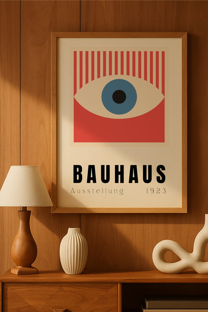 Bauhaus kırmızı çizgili mavi göz sergi posteri – 2. görsel