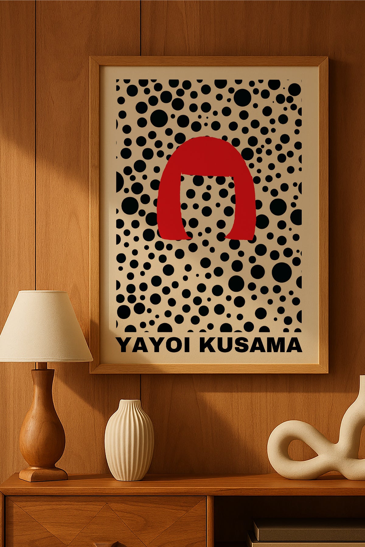 Yayoi Kusama kırmızı kemer ve siyah puantiyeli sergi posteri – 2. görsel