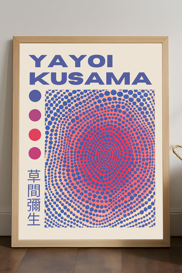 Yayoi Kusama mor pembe noktalı halka desenli sergi posteri