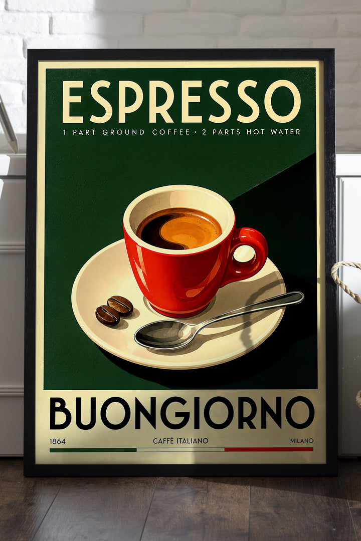 Buongiorno yazılı kırmızı fincanlı art deco espresso kahve posteri