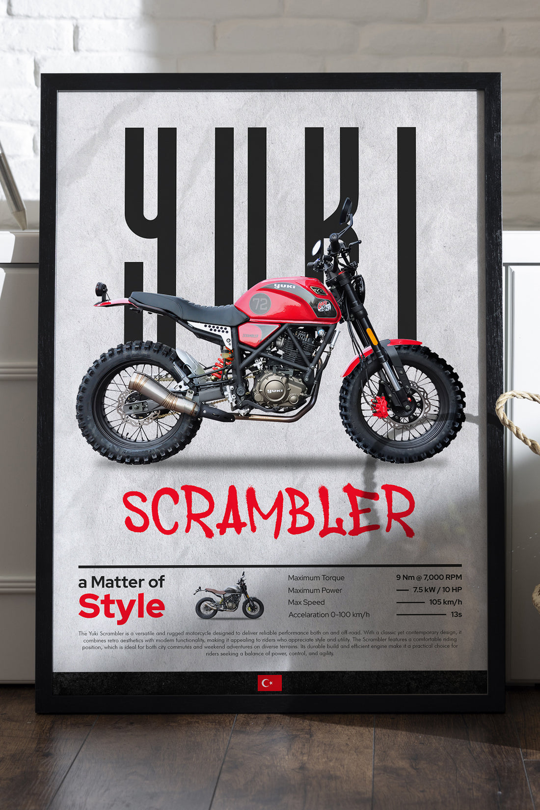 Yuki Scrambler kırmızı depolu motosiklet posteri