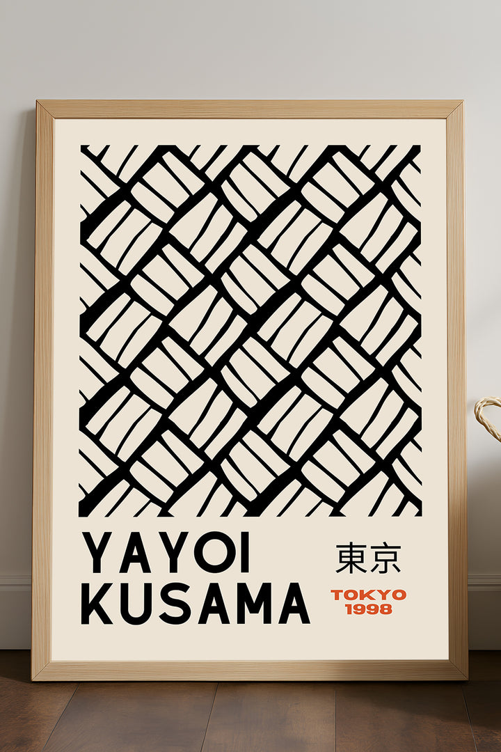 Yayoi Kusama siyah çapraz örgü desenli sergi posteri