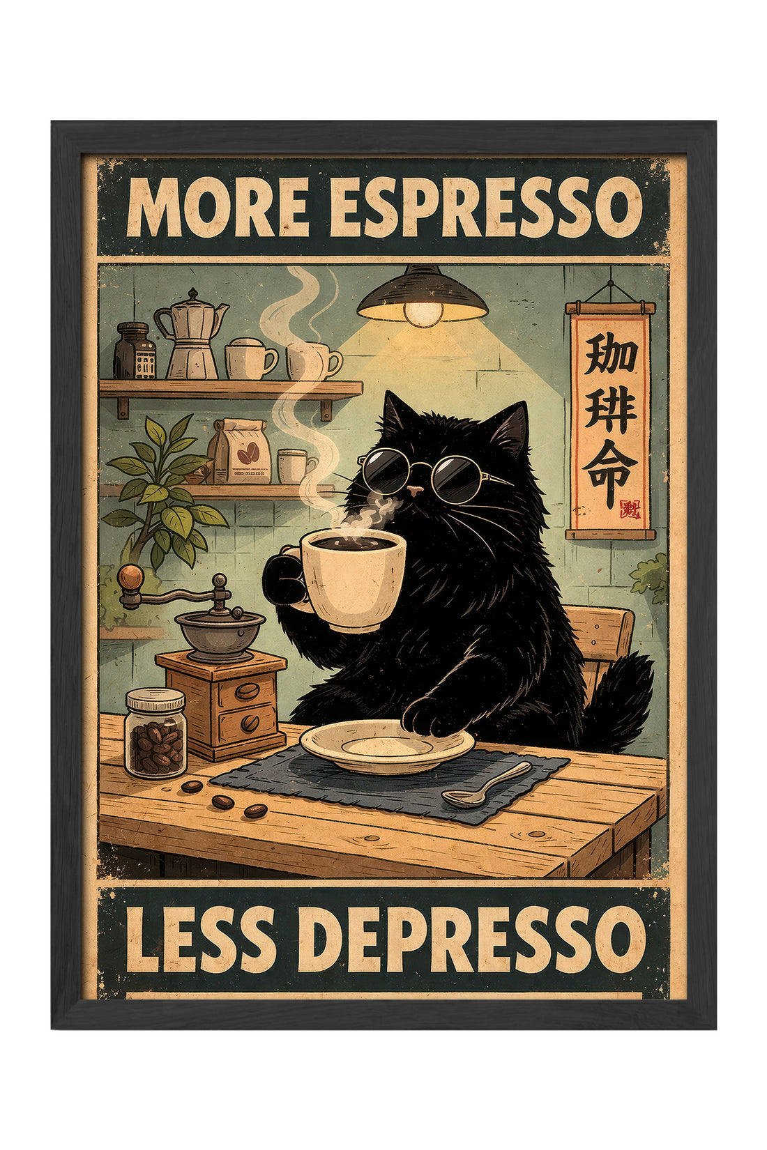 More Espresso Less Depresso yazılı kahve içen siyah kedi posteri – 3. görsel