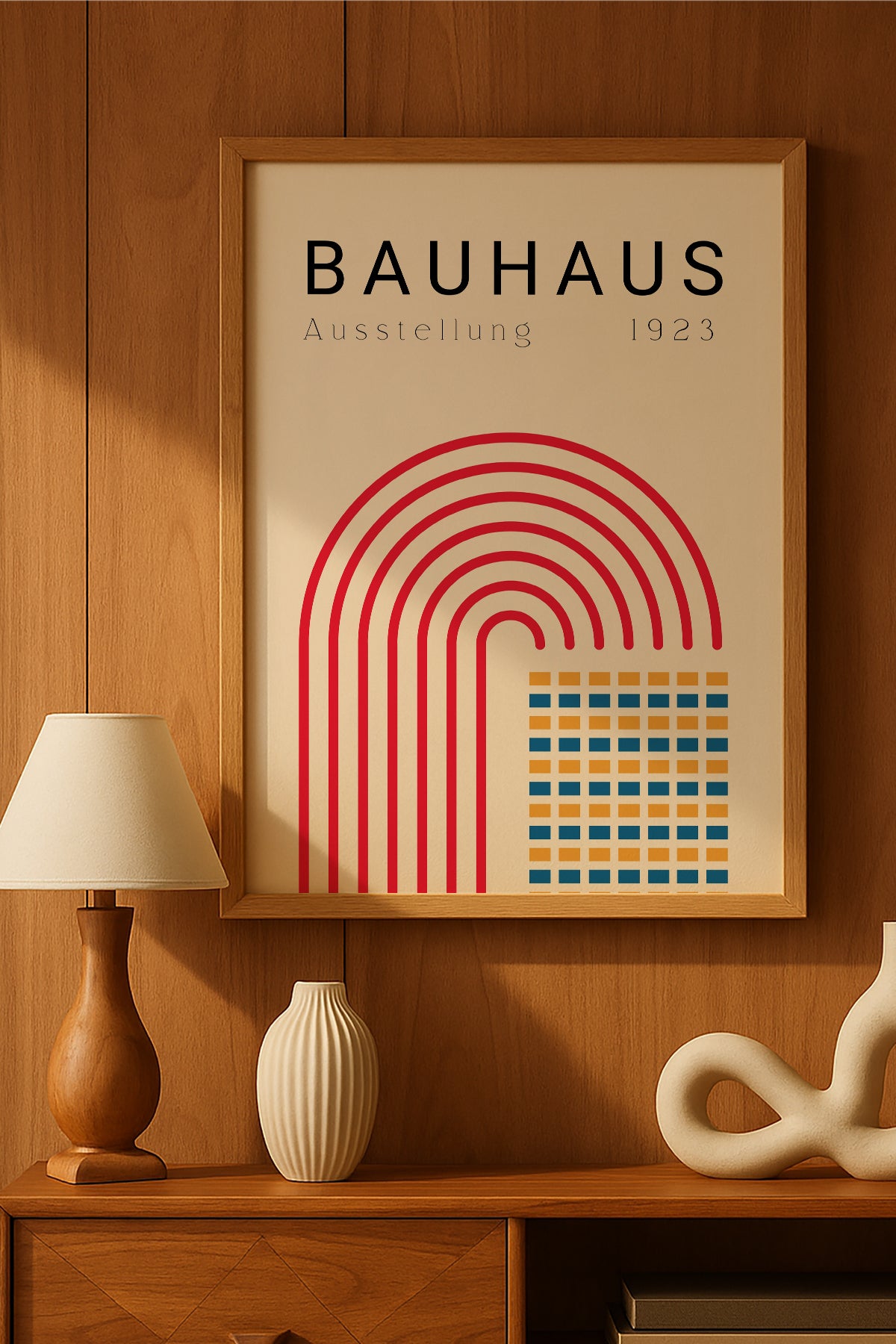 Bauhaus kırmızı kemerler ve renkli kareler sergi posteri – 2. görsel
