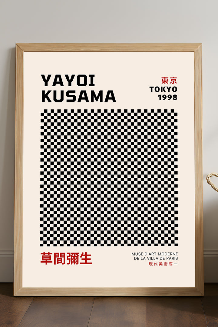 Yayoi Kusama siyah beyaz dama desenli sergi posteri
