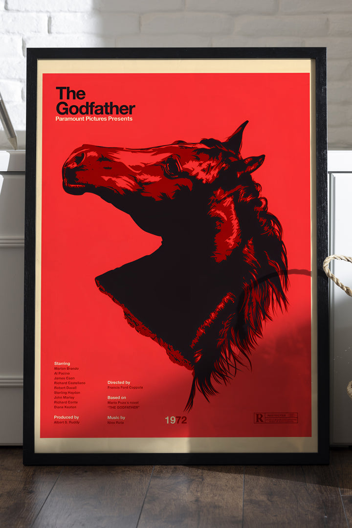 The Godfather kırmızı zemin siyah at başı grafik film posteri