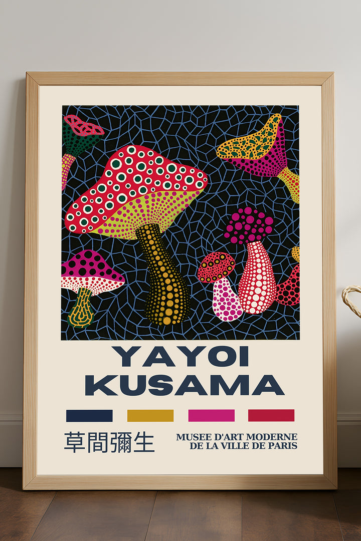 Yayoi Kusama kırmızı puantiyeli mantarlar koyu zeminli posteri