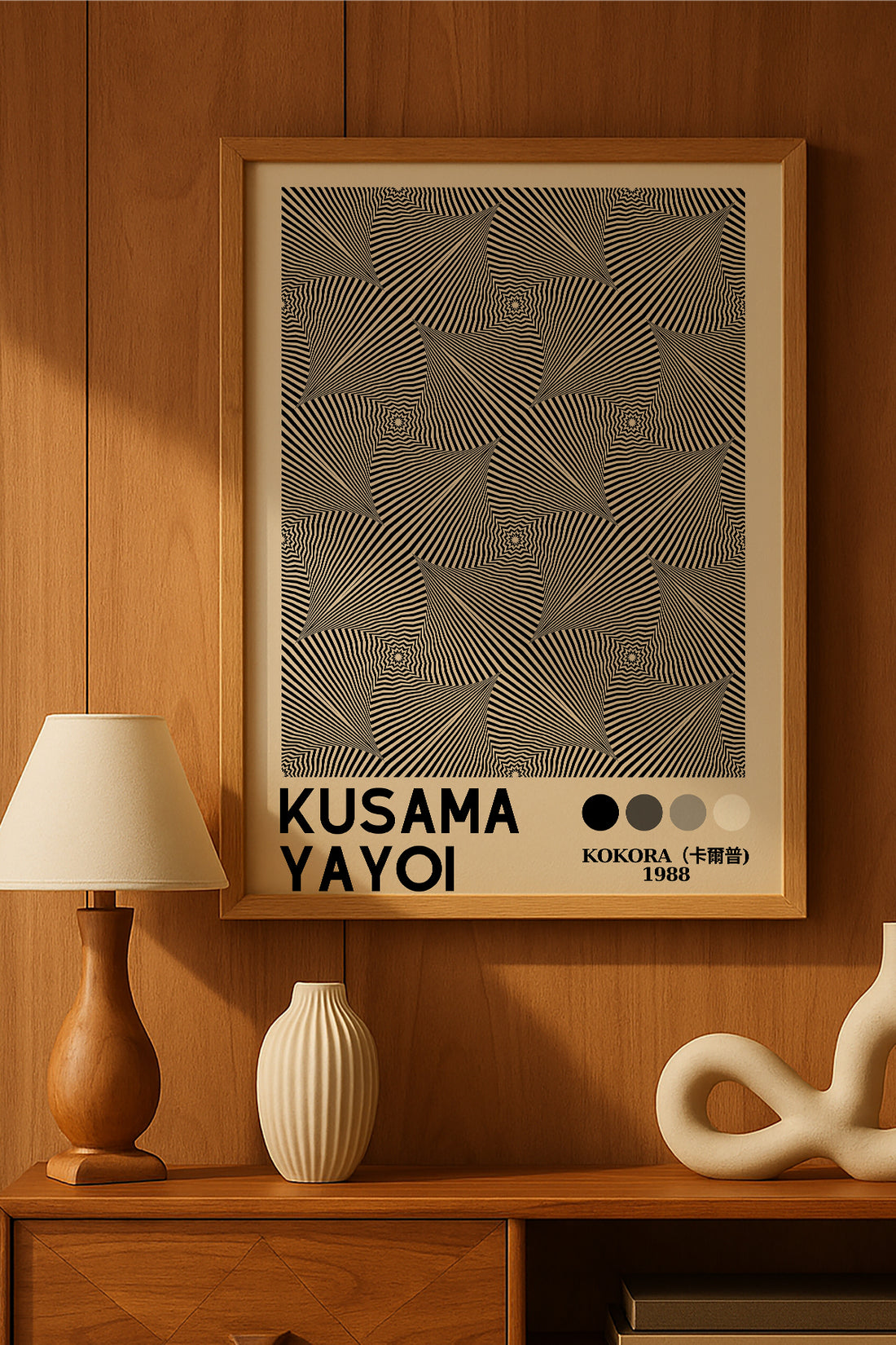 Yayoi Kusama gri elmas optik desenli sergi posteri – 2. görsel