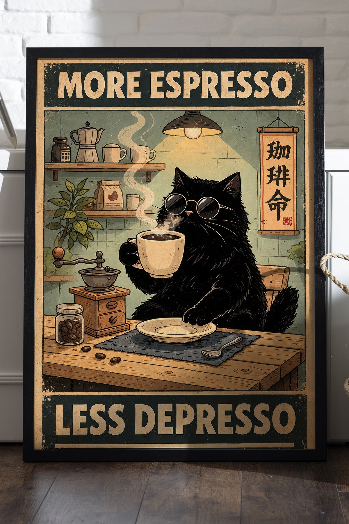 More Espresso Less Depresso yazılı kahve içen siyah kedi posteri