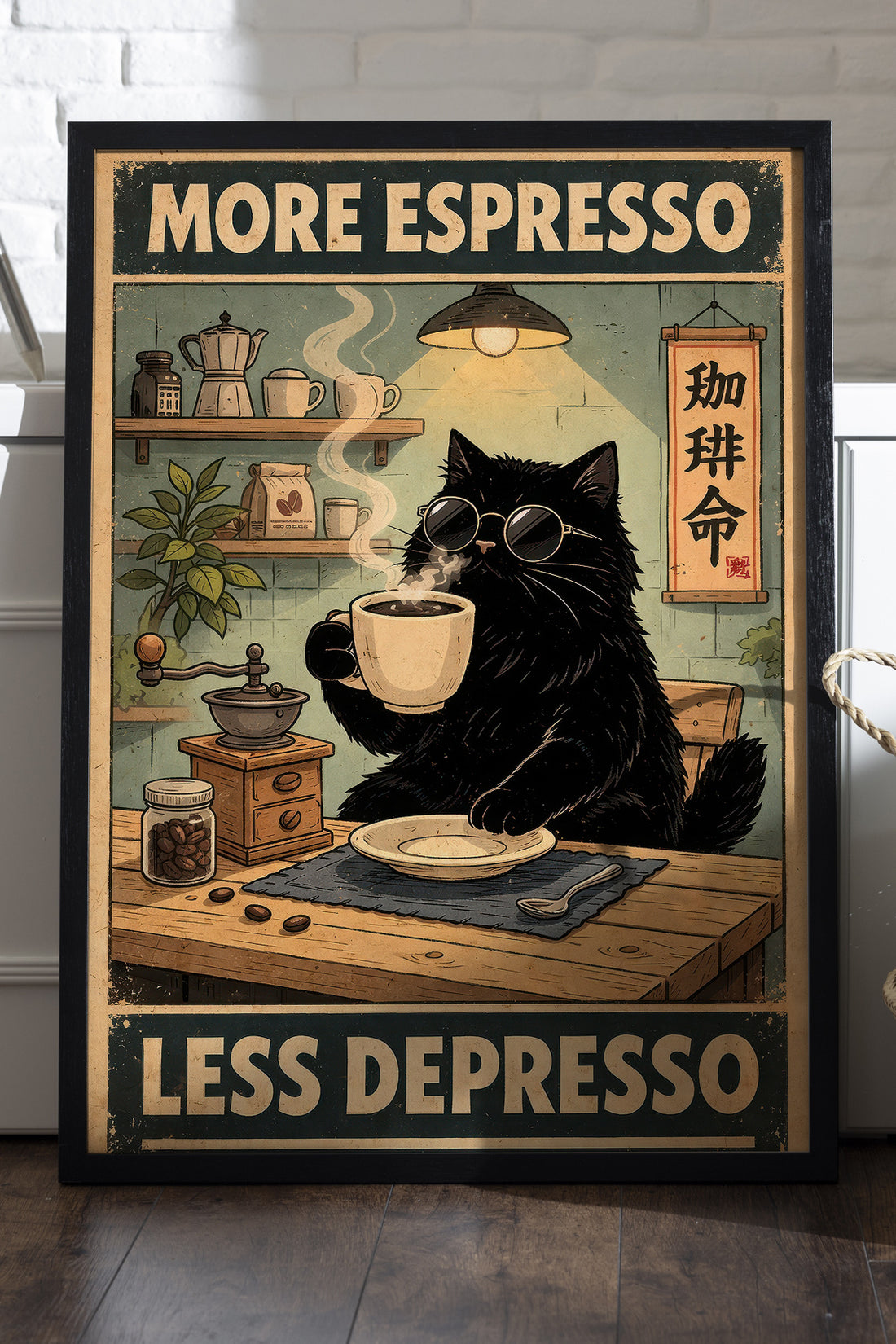 More Espresso Less Depresso yazılı kahve içen siyah kedi posteri