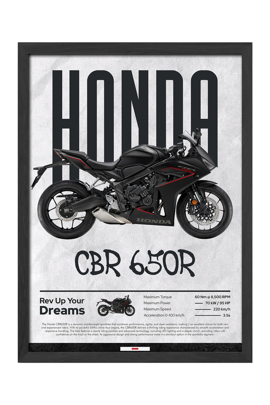 Honda CBR 650R siyah kaportalı motosiklet monokrom poster çerçeveli tablo – 4. görsel
