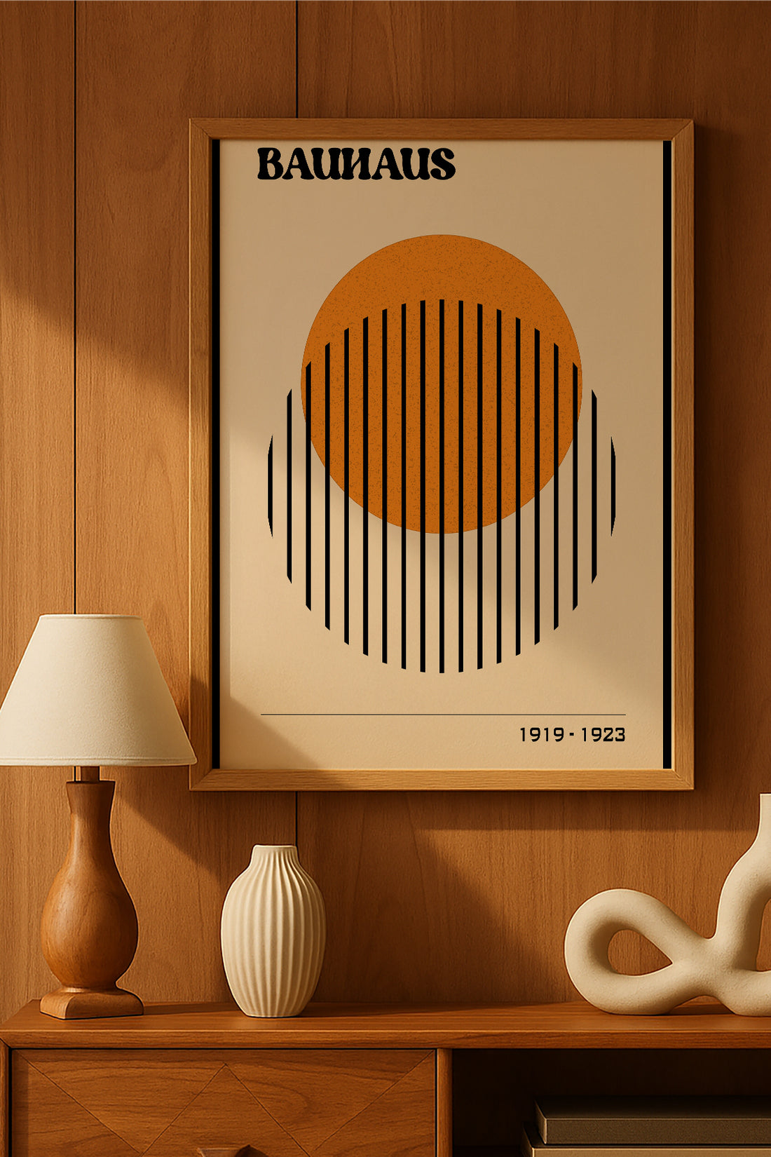Bauhaus turuncu yarım daire ve siyah çizgili posteri – 2. görsel