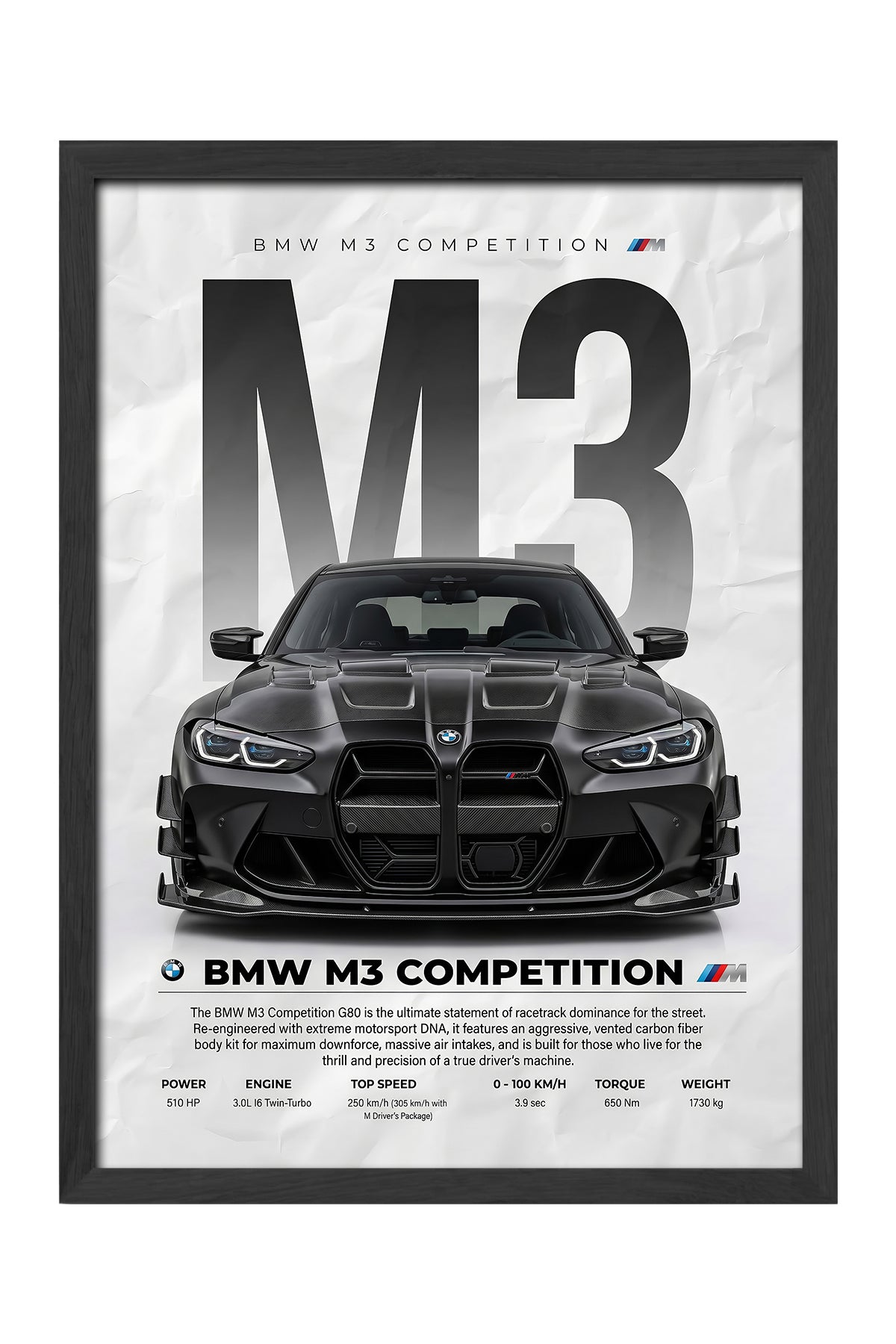 BMW M3 Competition dev M3 harfli siyah araba posteri – 3. görsel