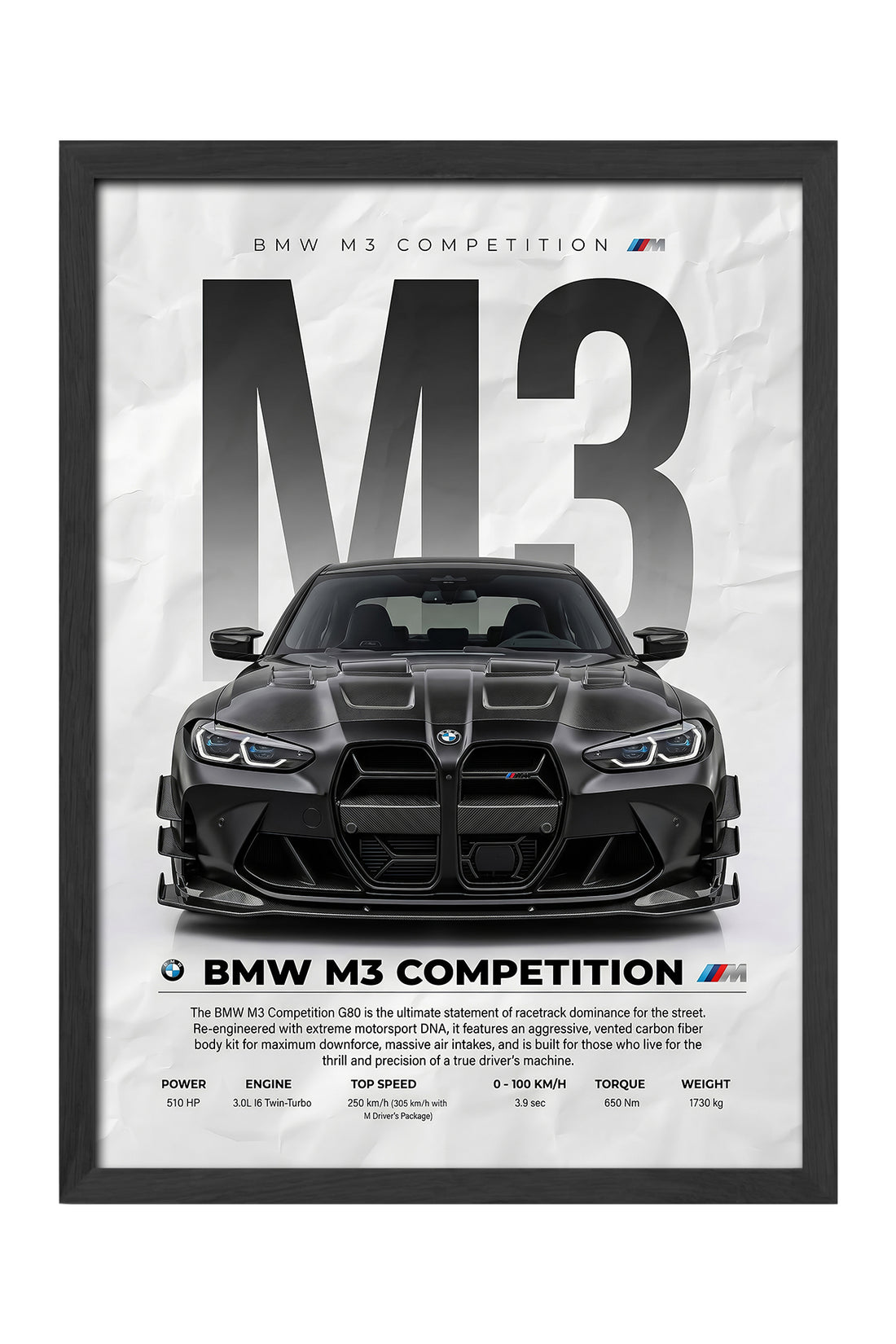 BMW M3 Competition dev M3 harfli siyah araba posteri – 3. görsel