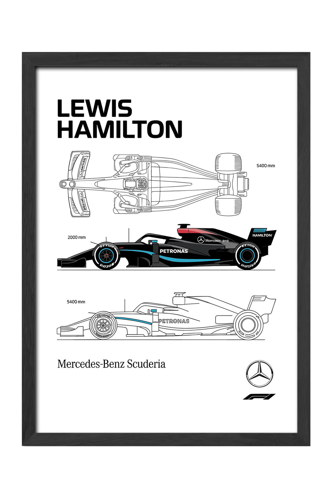 Lewis Hamilton F1 aracı teknik çizim beyaz poster çerçeveli tablo – 4. görsel