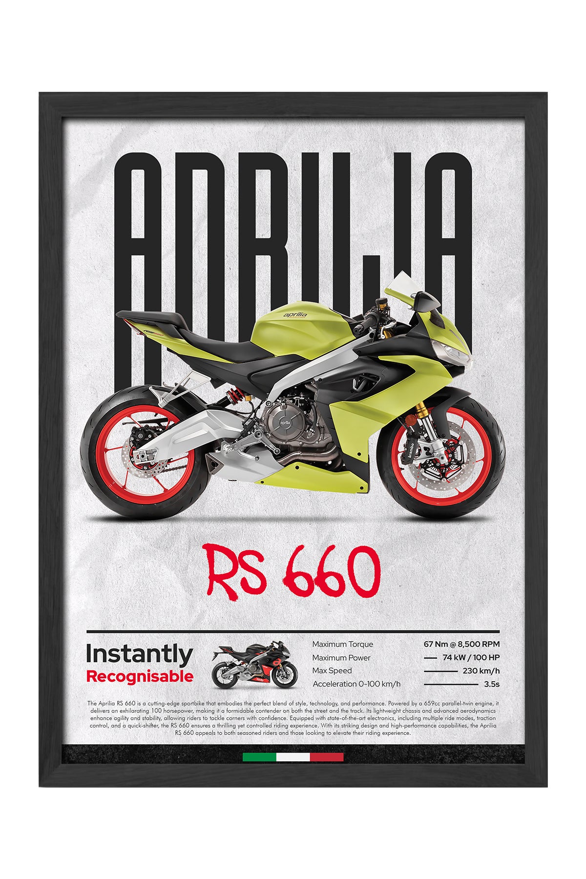Aprilia RS 660 sarı yeşil grenajlı spor motosiklet posteri – 3. görsel