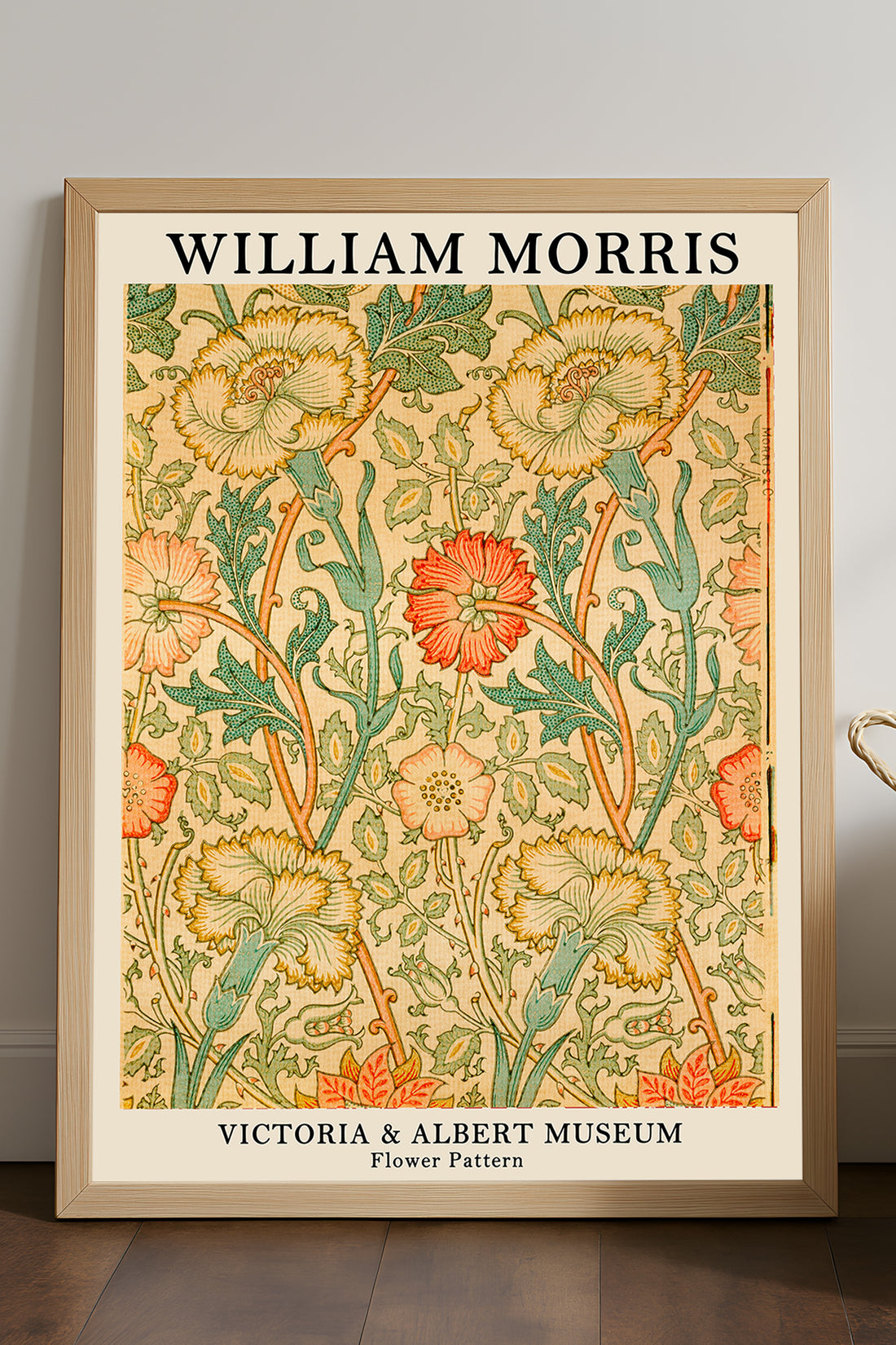 William Morris hardal sarısı çiçek desenli sergi posteri