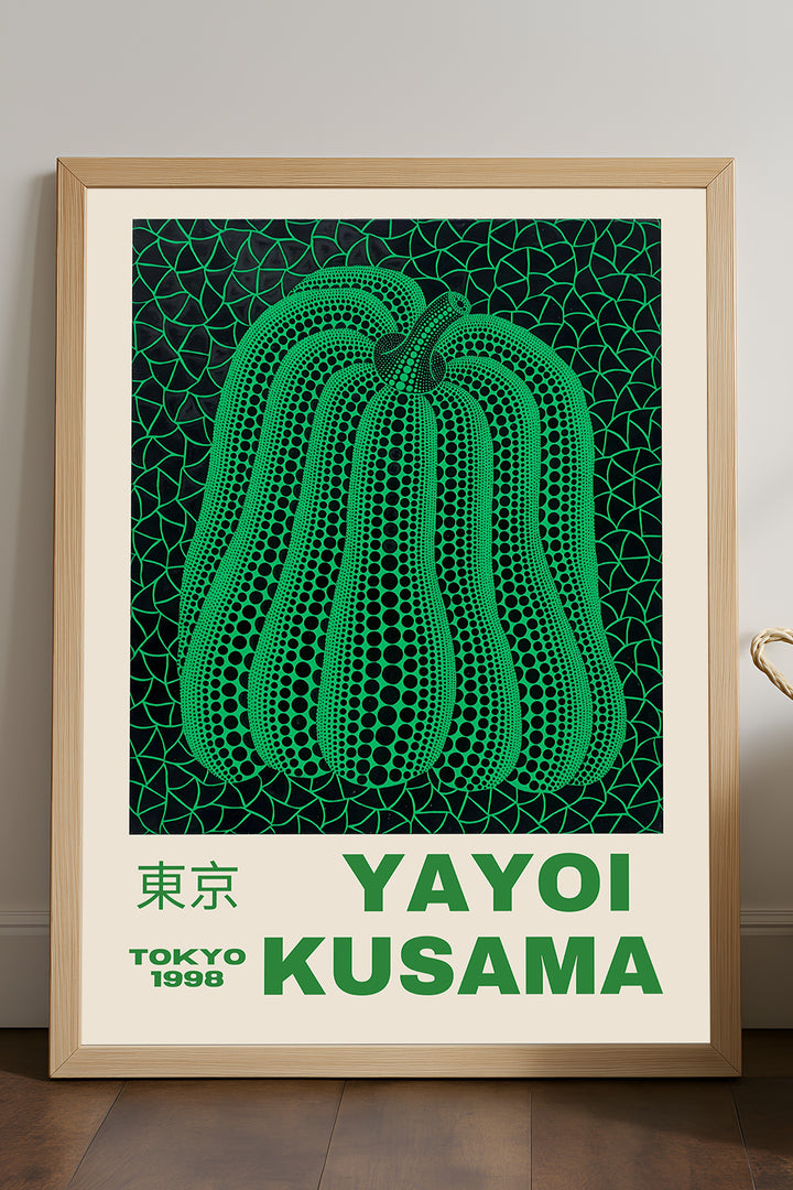 Yayoi Kusama yeşil puantiyeli balkabağı sergi posteri