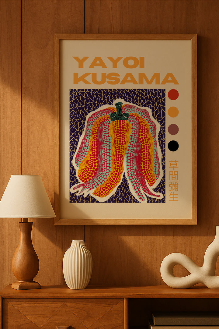 Yayoi Kusama mor turuncu çizgili balkabağı sergi posteri – 2. görsel