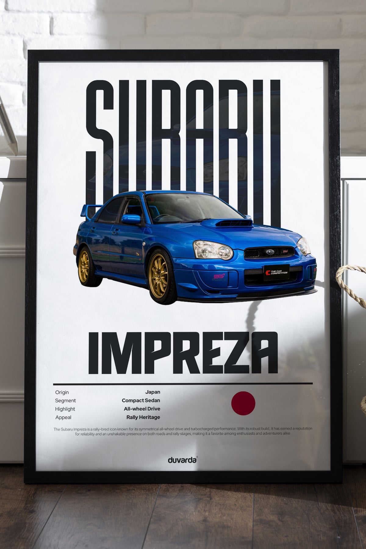 Subaru Impreza beyaz zemin mavi otomobil minimal araba posteri