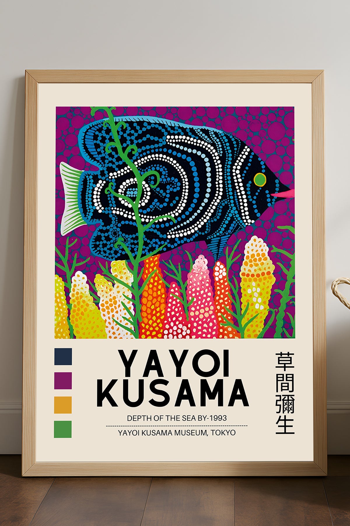 Yayoi Kusama renkli puantiyeli balık sergi posteri çerçeveli tablo