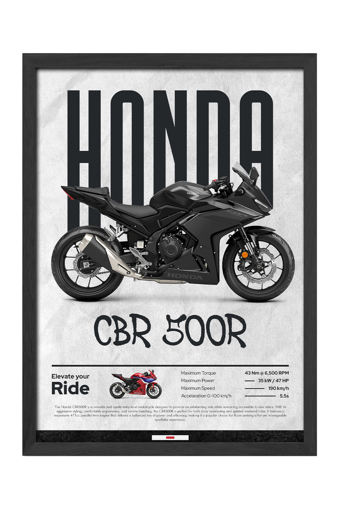 Honda CBR 500R siyah spor motosiklet gri tipografik poster çerçeveli tablo – 3. görsel