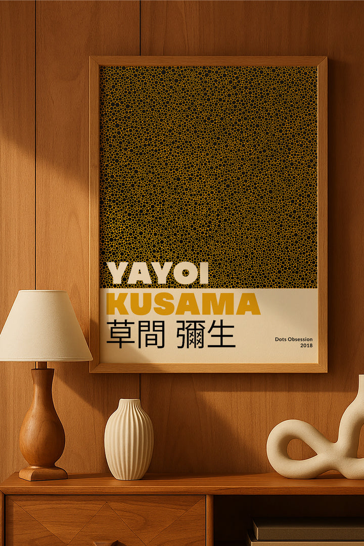 Yayoi Kusama hardal sarısı noktalı doku sergi posteri – 2. görsel