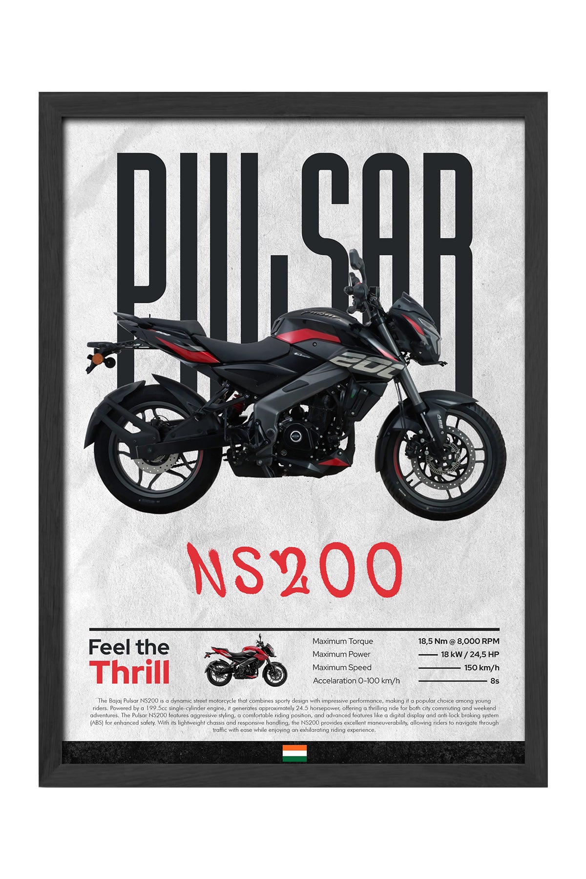 Bajaj Pulsar NS 200 siyah gri motosiklet posteri – 3. görsel