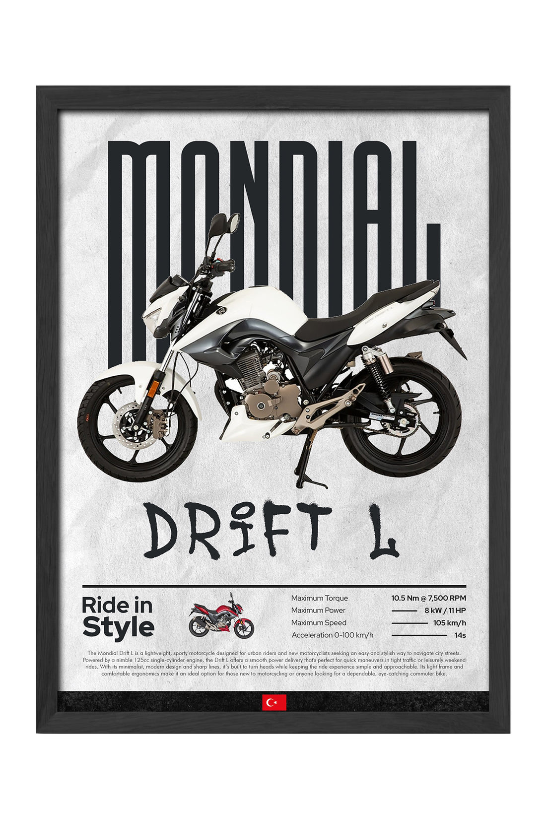 Mondial Drift L beyaz siyah motosiklet tipografik posteri çerçeveli tablo – 3. görsel