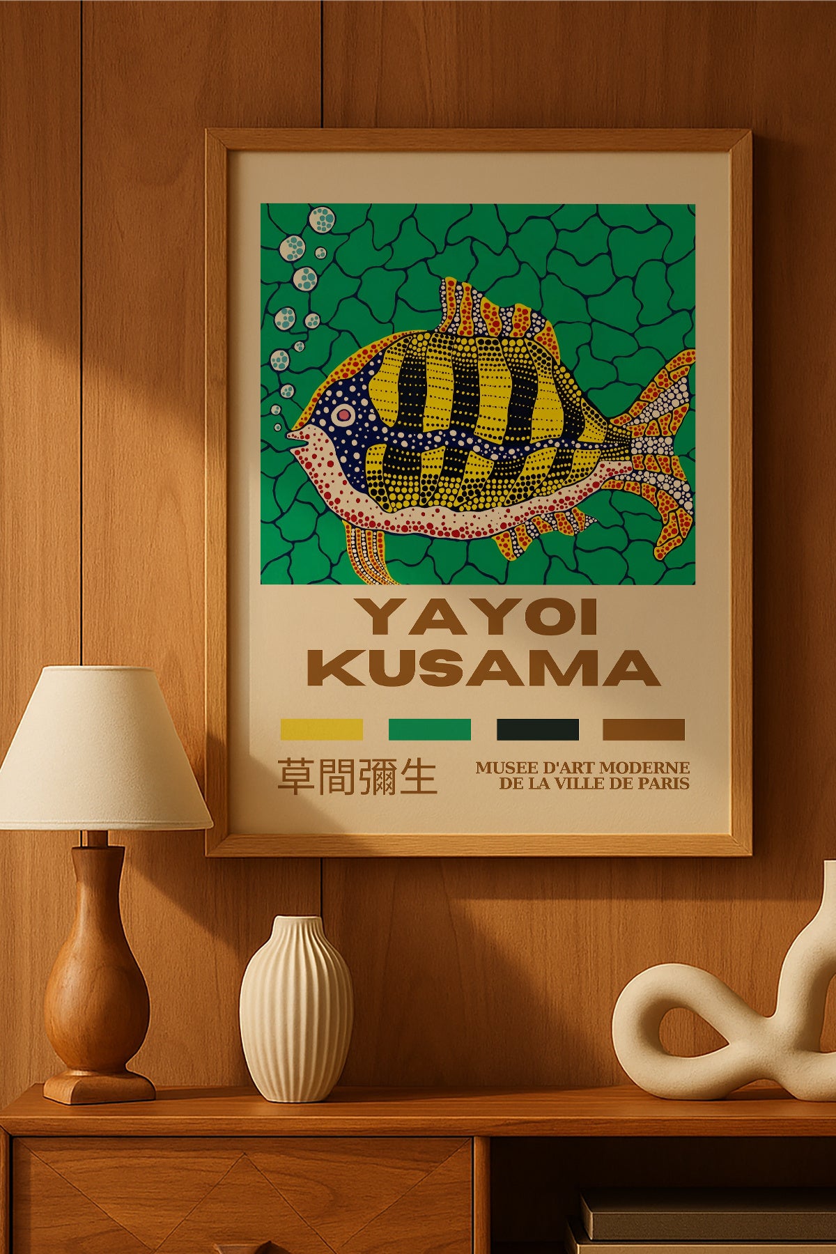 Yayoi Kusama sarı siyah çizgili balık sergi posteri – 2. görsel