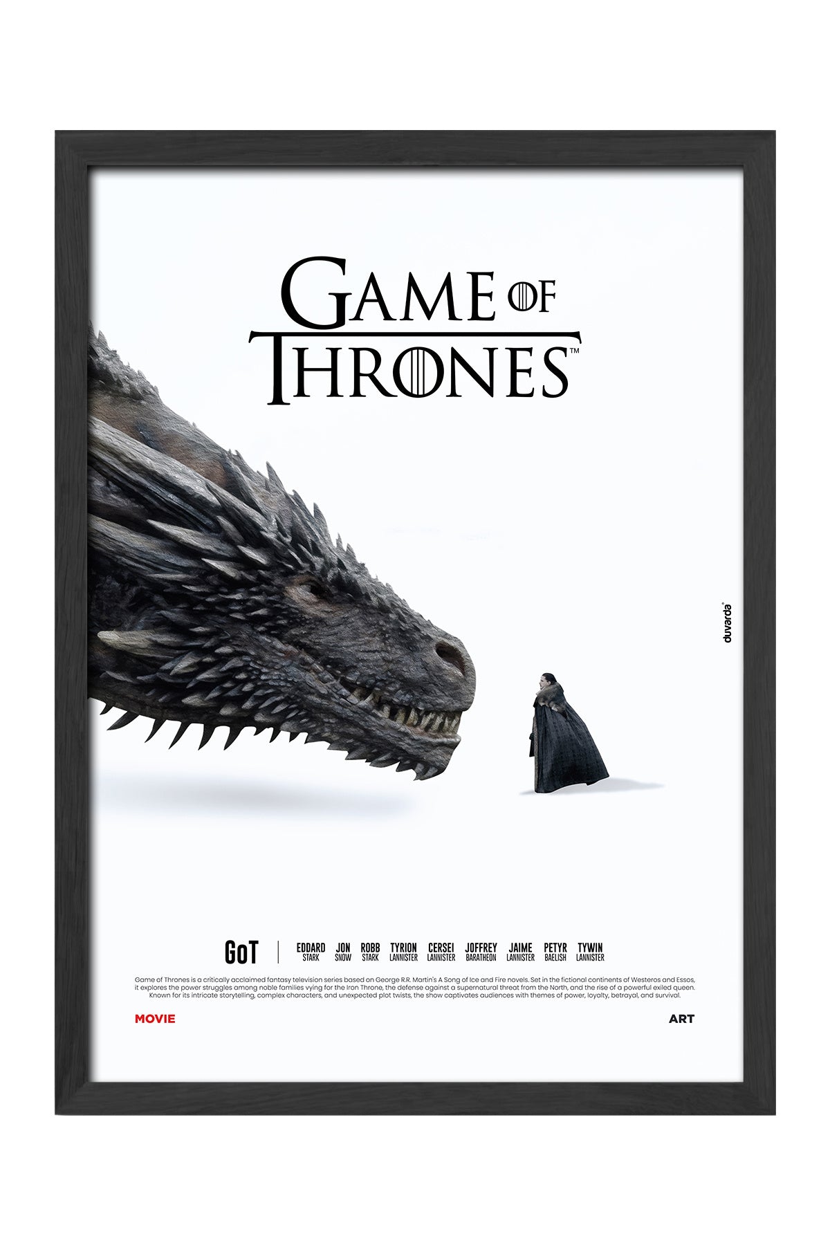 Game of Thrones beyaz zeminde ejderha başı ve küçük figür posteri – 5. görsel