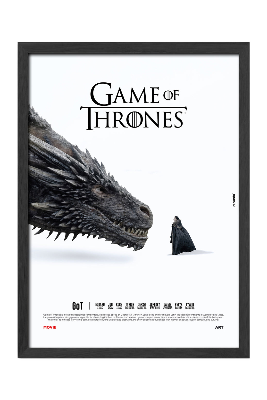 Game of Thrones beyaz zeminde ejderha başı ve küçük figür posteri – 5. görsel