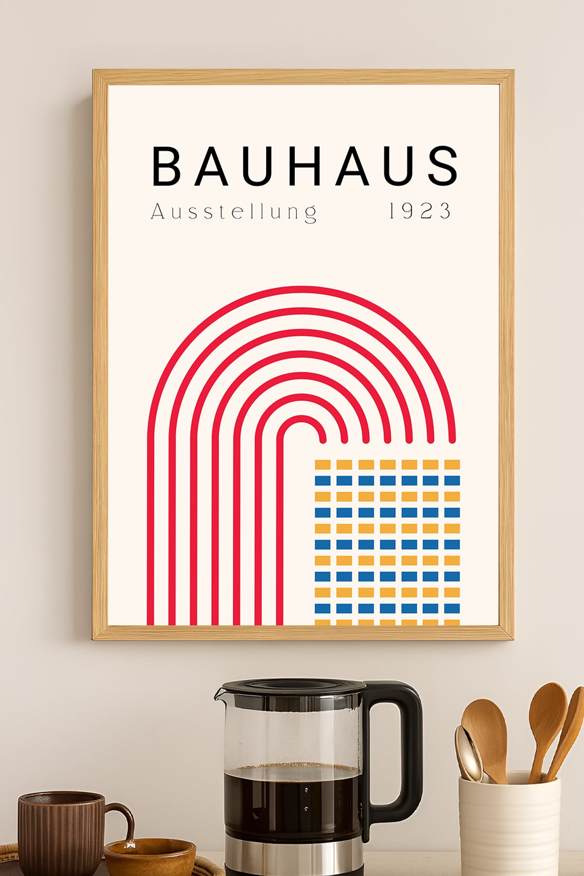 Bauhaus kırmızı kemerler ve renkli kareler sergi posteri – 3. görsel