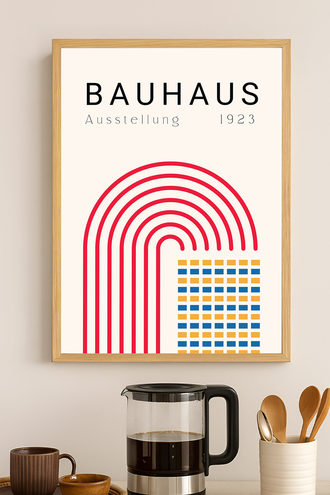 Bauhaus kırmızı kemerler ve renkli kareler sergi posteri – 3. görsel