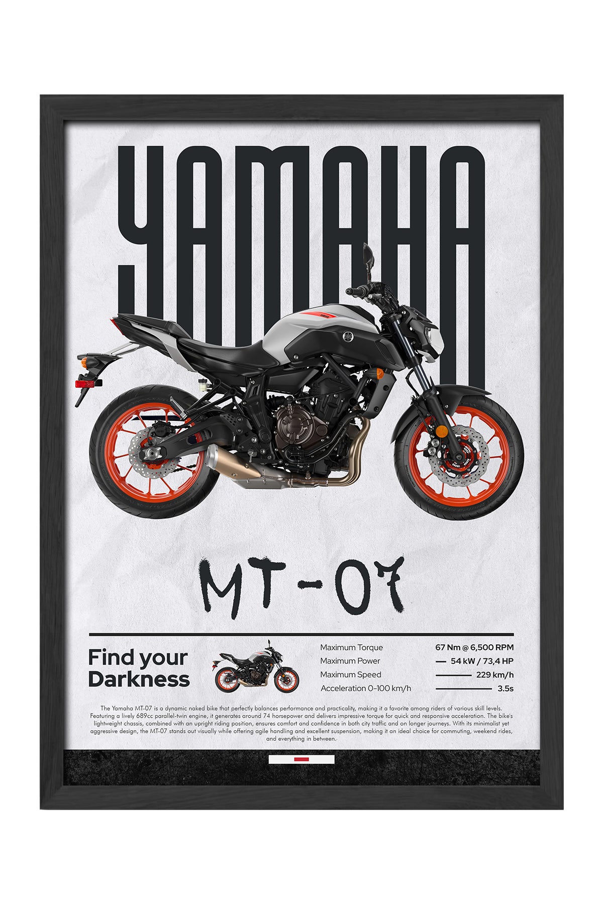 Yamaha MT-07 turuncu jantlı gri motosiklet posteri – 4. görsel