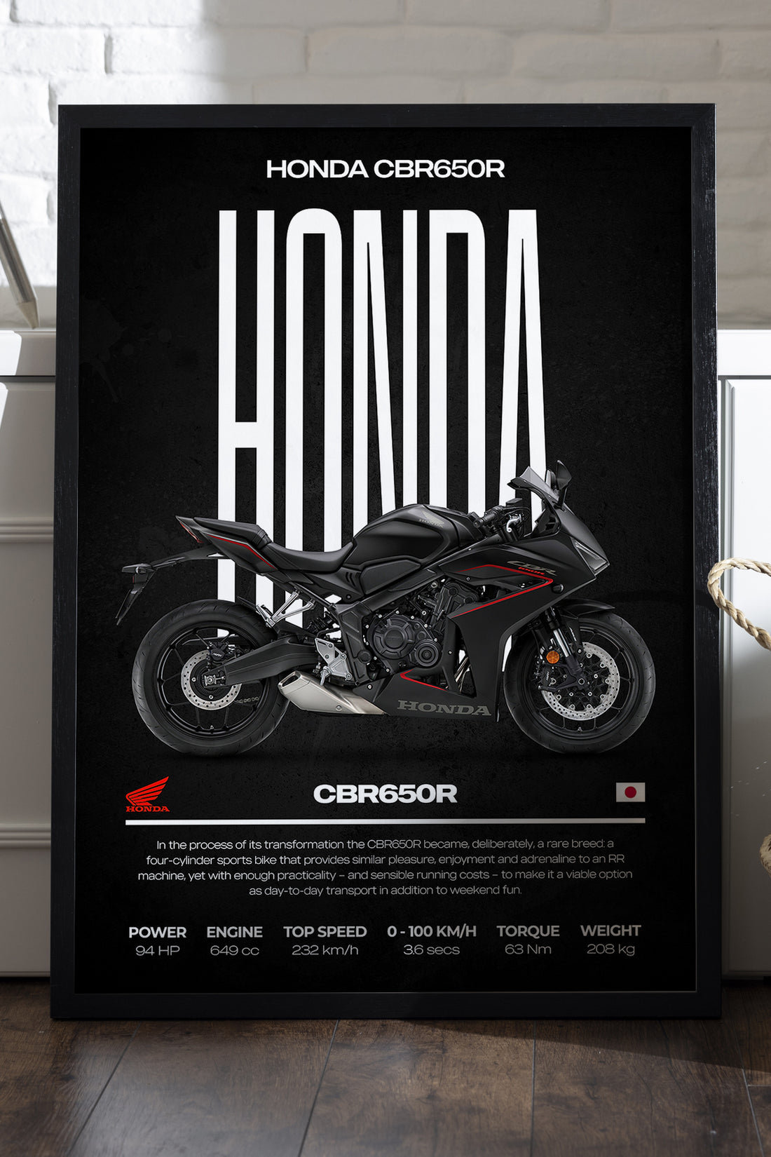 Honda CBR 650R siyah zeminli mat siyah motosiklet poster çerçeveli tablo