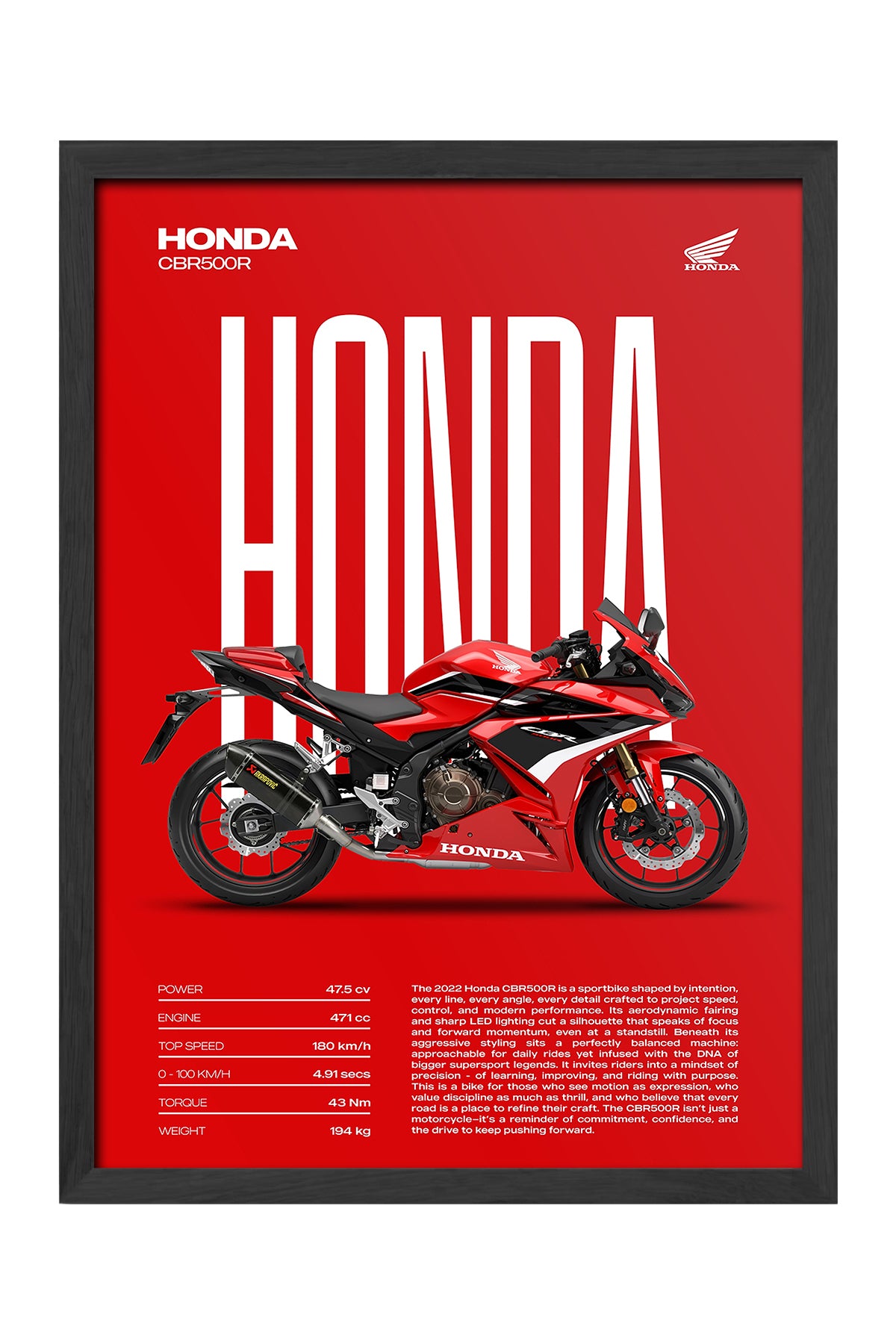 Honda CBR 500R kırmızı zeminli beyaz yazılı motosiklet poster çerçeveli tablo – 3. görsel