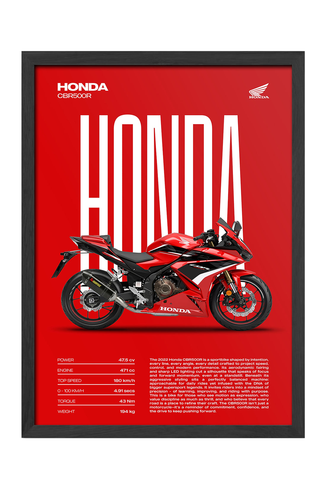 Honda CBR 500R kırmızı zeminli beyaz yazılı motosiklet poster çerçeveli tablo – 3. görsel