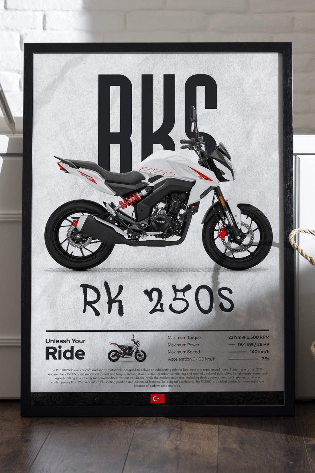 Kırmızı beyaz RKS RK 250S naked motosiklet posteri
