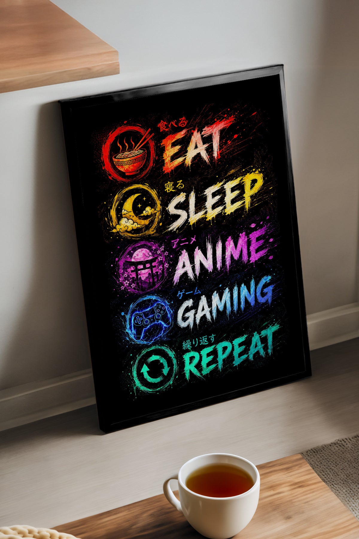 Eat Sleep Gaming neon renkli rutin yazılı oyun posteri – 2. görsel