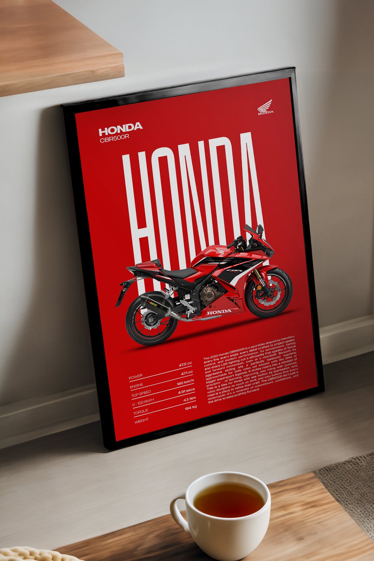 Honda CBR 500R kırmızı zeminli beyaz yazılı motosiklet poster çerçeveli tablo – 2. görsel