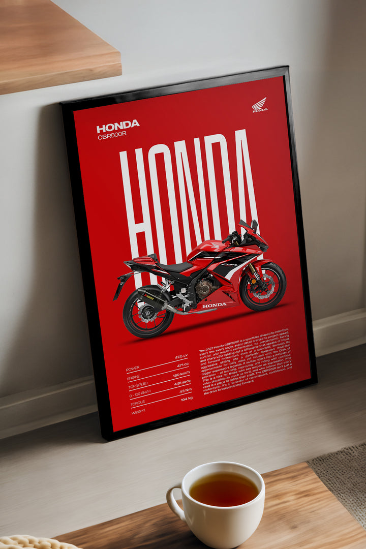 Honda CBR 500R kırmızı zeminli beyaz yazılı motosiklet poster çerçeveli tablo – 2. görsel