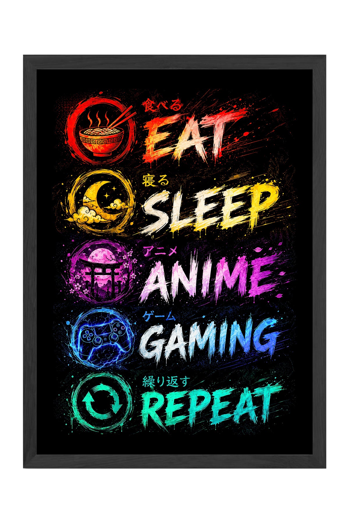 Eat Sleep Gaming neon renkli rutin yazılı oyun posteri – 3. görsel
