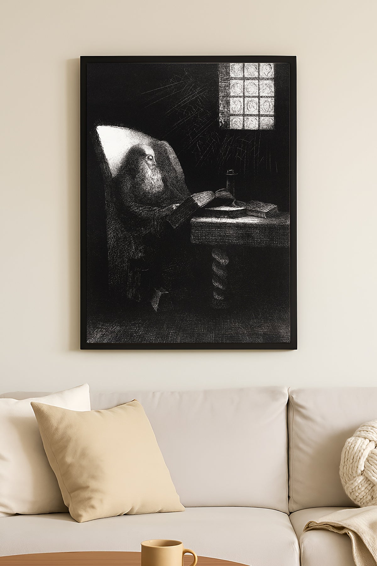 Pencere ışığında yalnız figür Solitary Night siyah beyaz gravür – 3. görsel