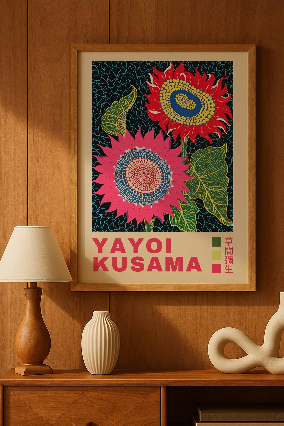 Yayoi Kusama pembe puantiyeli ayçiçekleri sergi posteri – 2. görsel