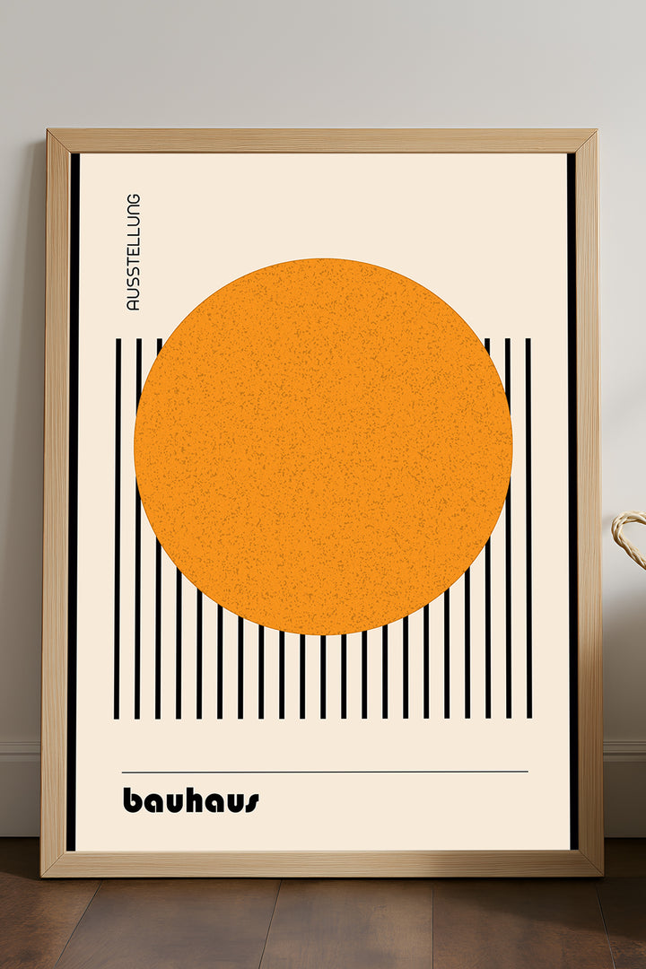 Bauhaus turuncu daire ve siyah çizgili minimal posteri