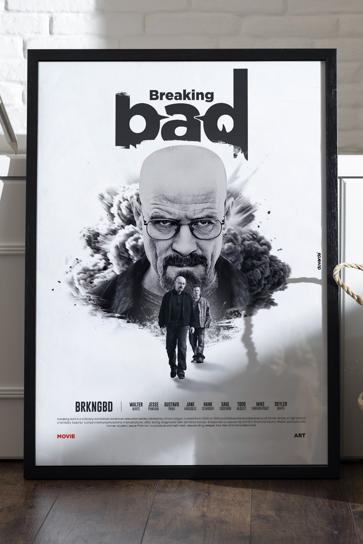 Breaking Bad siyah beyaz mürekkep portre dizi posteri çerçeveli