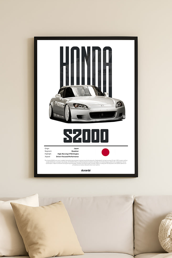 Honda S2000 gümüş roadster kırmızı daireli JDM araba posteri çerçeveli tablo – 2. görsel