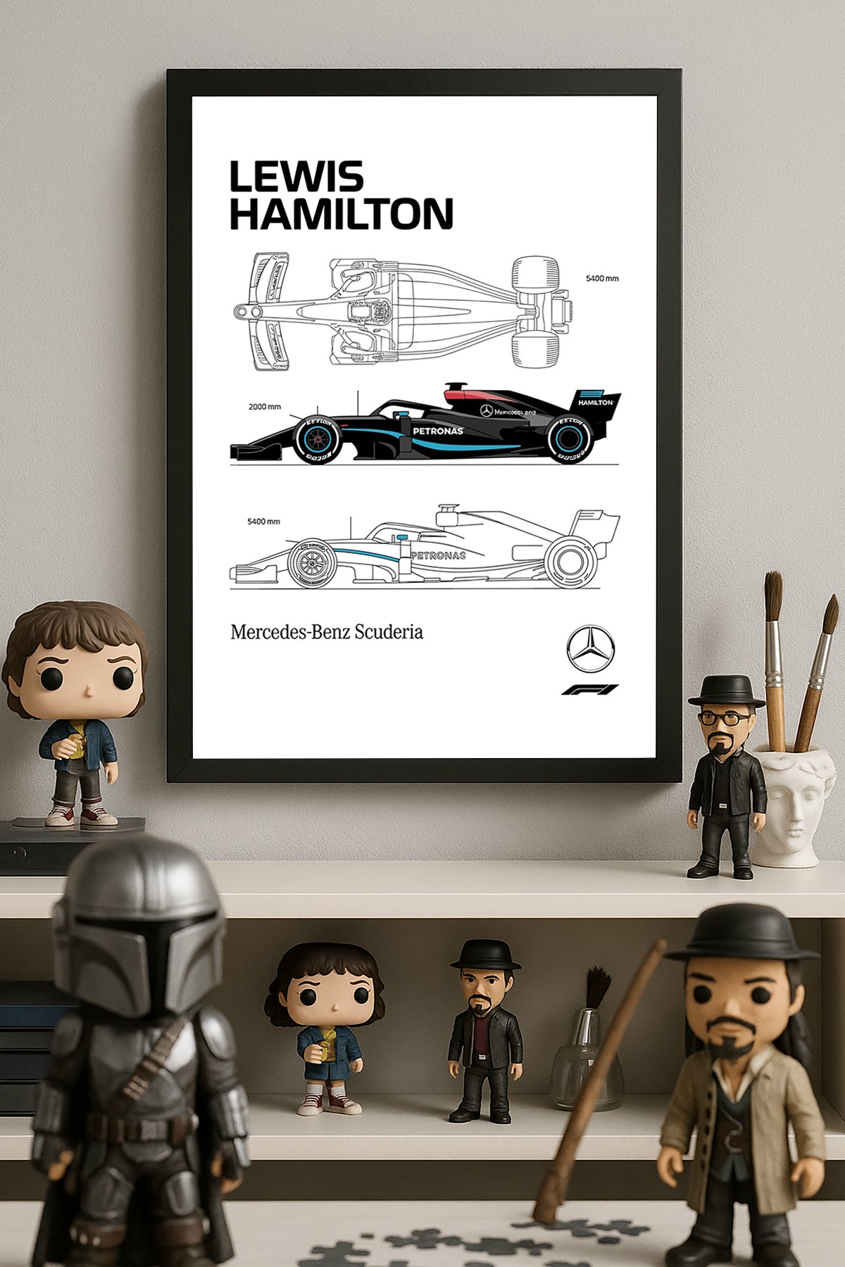 Lewis Hamilton F1 aracı teknik çizim beyaz poster çerçeveli tablo – 2. görsel