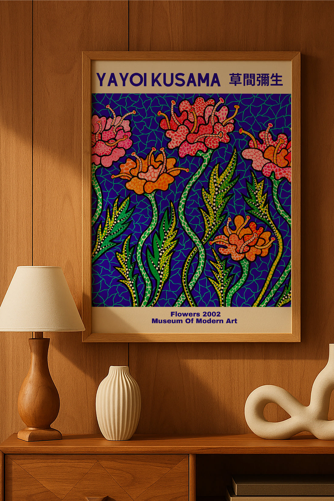 Yayoi Kusama mavi fonda Flowers 2002 çiçek sergi posteri – 2. görsel